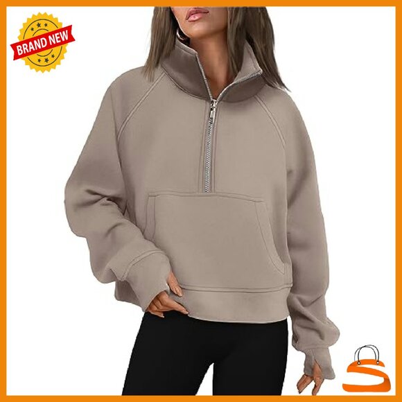 Cropped Half-Zip Fleece Hoodie with Thumb Holes & Pockets - Picture 2 of 8